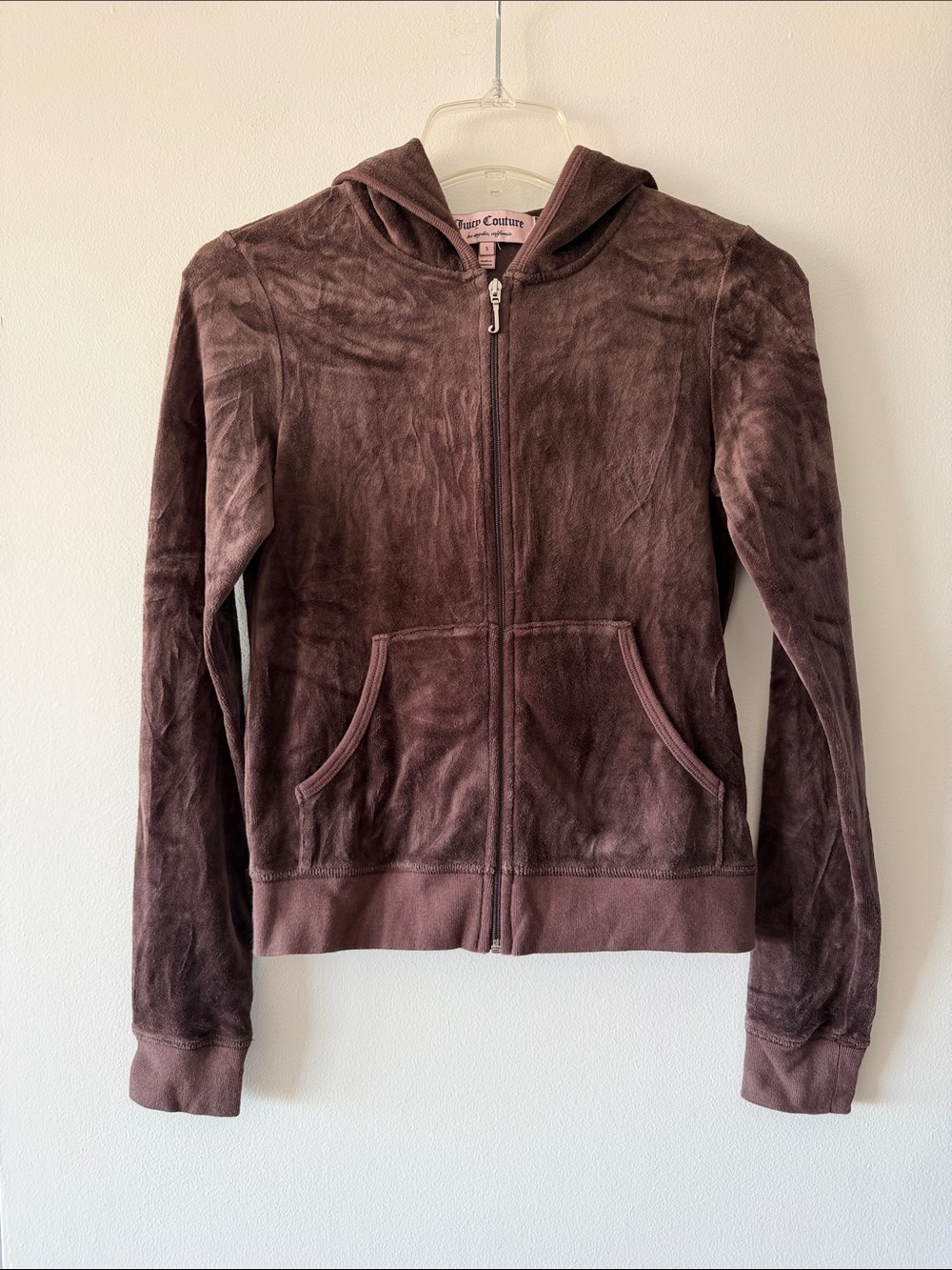Vintage Juicy Couture Brown Velour Track Jacket Hoodie Gold Crest Y2K S